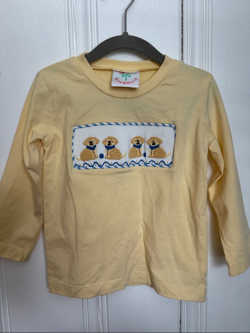 Shrimp & Grits Kids Dog Embroidered long sleeve yellow shirt